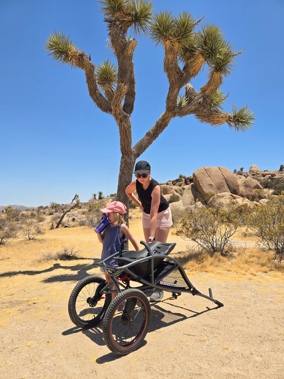 A mother and child in Joshua Tree with the Bera Buggy
