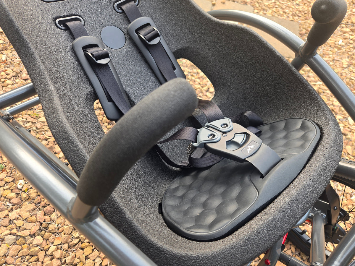 Adjustable harness straps and hardware detail